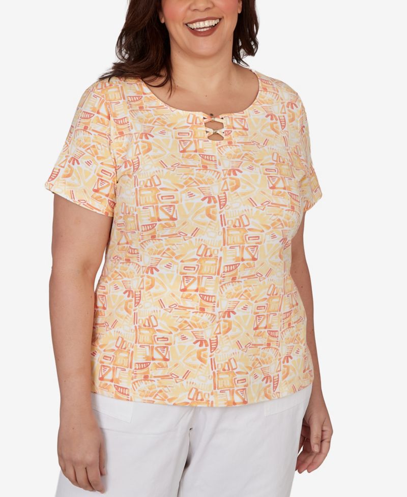 Plus Size Printed Stretch Jersey Short-Sleeve Bead Neck Top