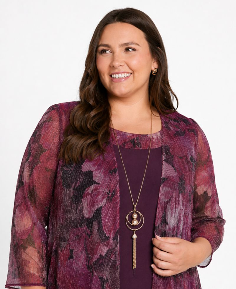 Plus Size Waterfall Scoop Neck Dress & Jacket, 2-Piece Set