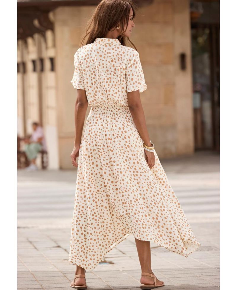 Women's Printed Shirt Collar A-Line Midi Dress