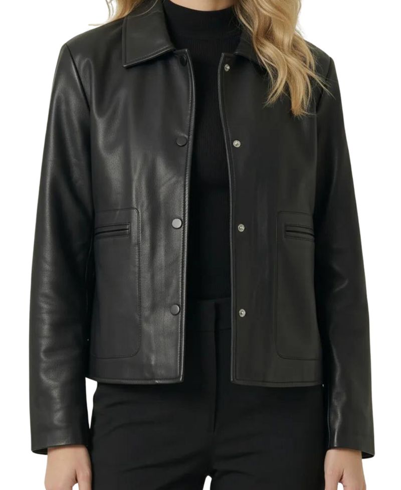 Women's Leather Button-Front Collared Jacket
