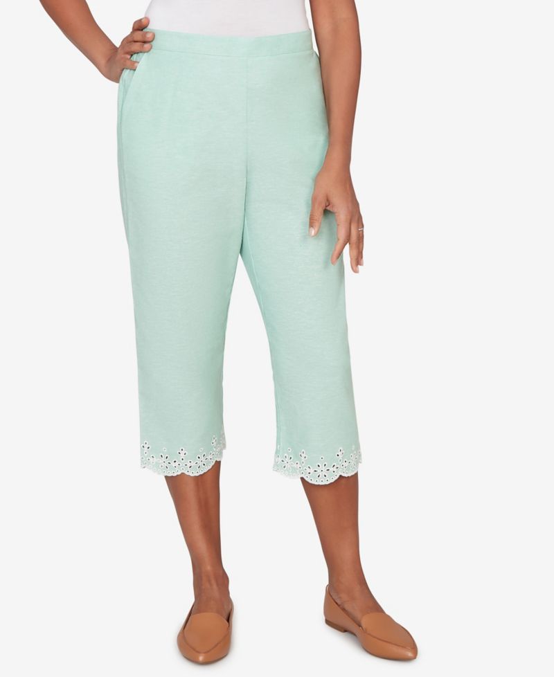 Women's Caribbean Blues Eyelet Embroidered Cuff Capri Pants