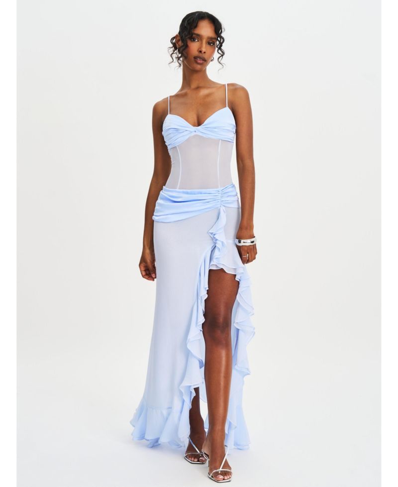 Women Lacy Blue Ruched Breast High Slit Chiffon Dress
