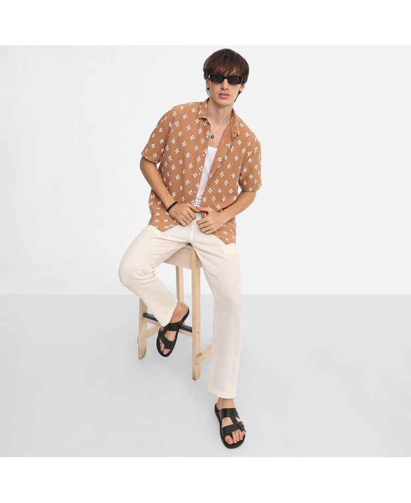 Men's Tan Floral-Tactile Oversized Shirt