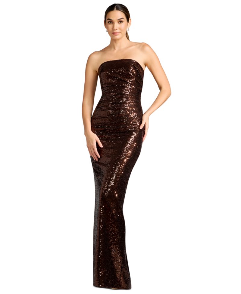 Women's Strapless Ruched Sequin Sheath Gown