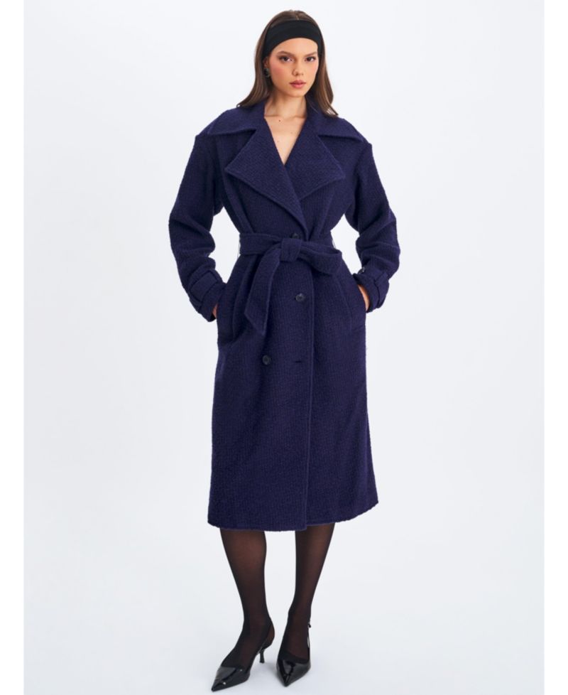 Women Jaelyn Midnight Blue Wool Blend Double-Breasted Belted Coat