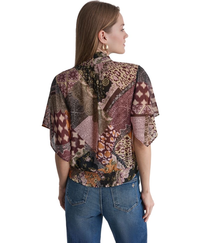 Women's Bow Neck Mixed Print Short-Sleeve Blouse