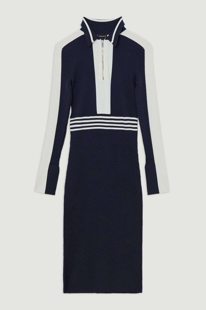 Women's Rib Knit Polo Zip Up Midi Dress