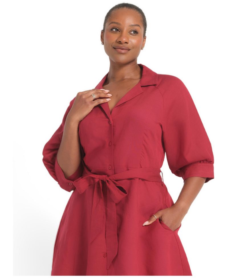 Plus Size Maribel Fit-and-Flare Collared Three-Quarter-Sleeve Linen-Blend Shirt Dress