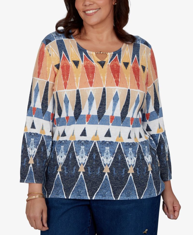 Plus Size 3/4-Sleeve Geometric-Print Keyhole Pullover Sweater
