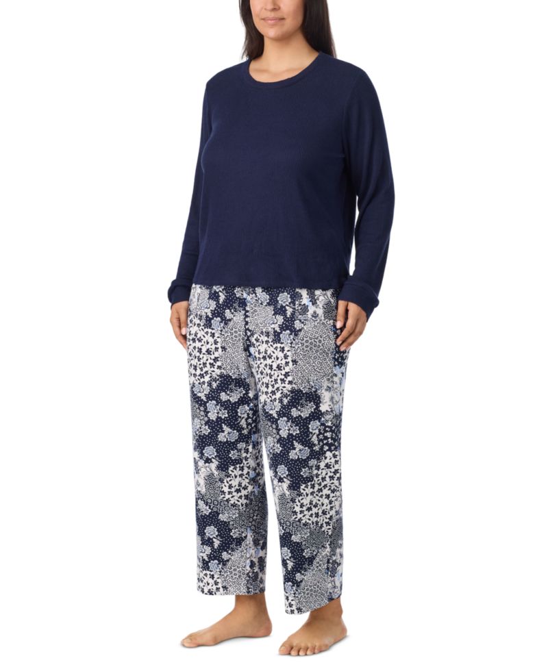 Women's Long-Sleeve Patchwork Floral Pajama Set, 2-Piece