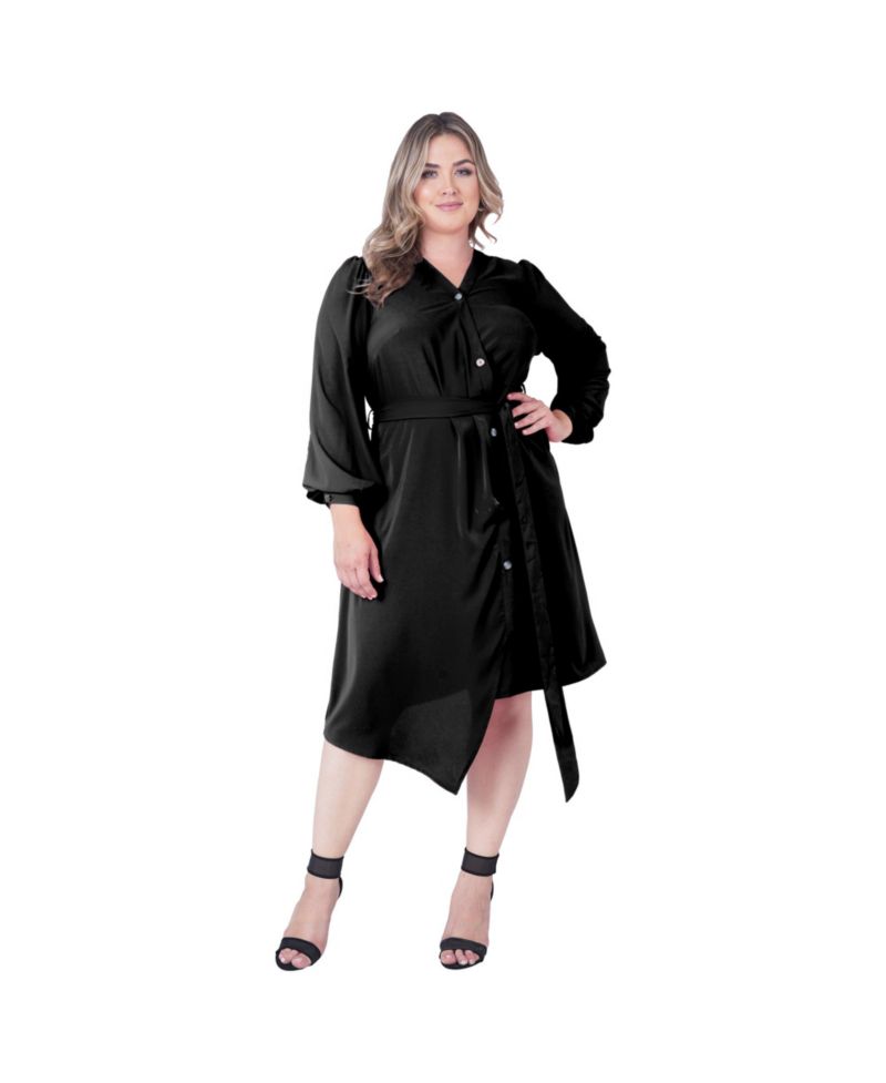 Plus Size Asymmetrical Hem Button-Up Wrap Lantern Sleeve Dress