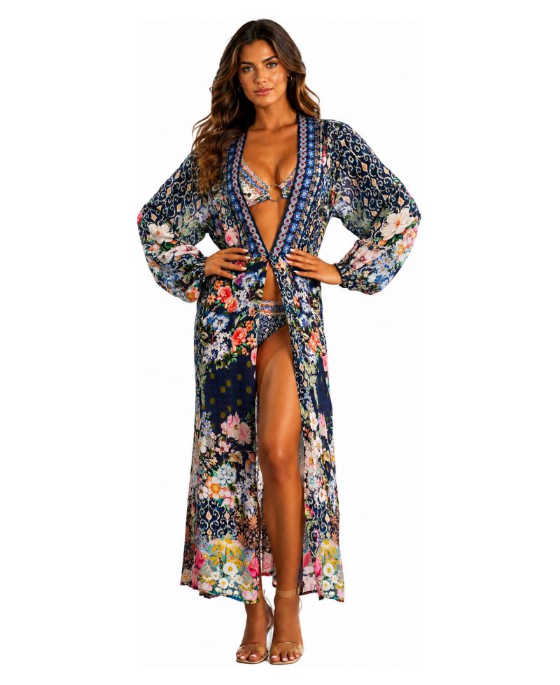 Women's Floral-Patchwork Long-Sleeve Wrap Maxi Dress