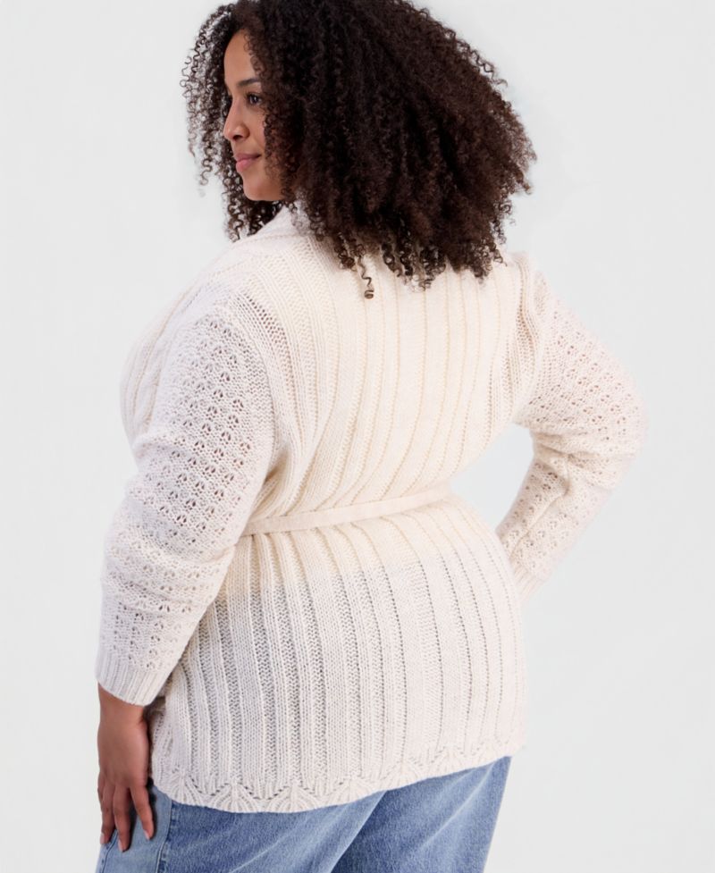 Plus size Tie Pointelle Shawl Collar Drop-Shoulder Cardigan