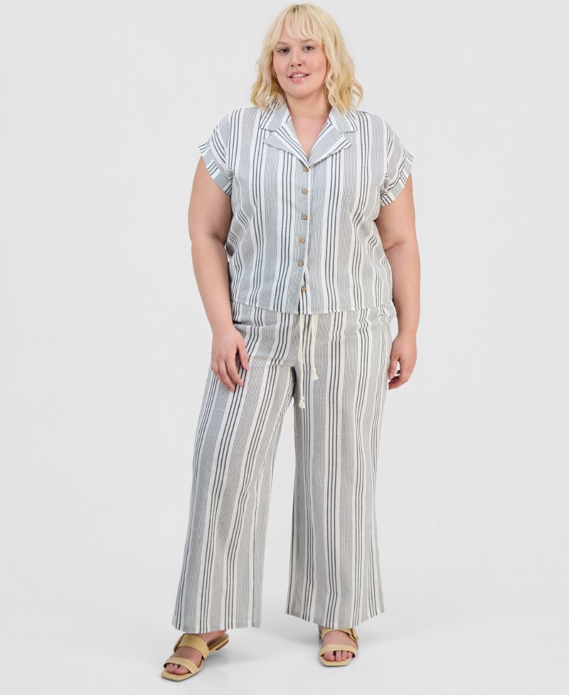 Trendy Plus Size Cap-Sleeve Shirt & Drawstring Pants Set