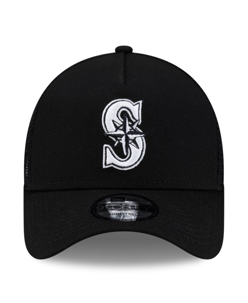 Men's Black Seattle Mariners Side Script 9FORTY A-Frame Trucker Adjustable Hat