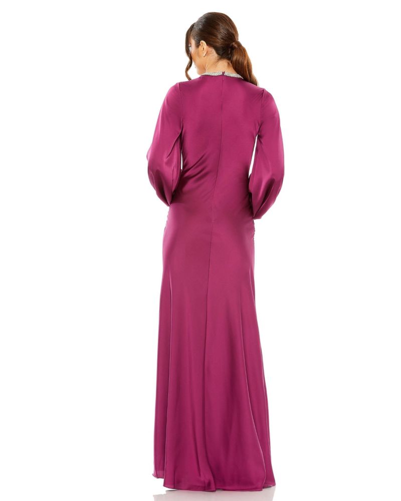 Women's Beaded High Neck Bishop Sleeve Satin Gown