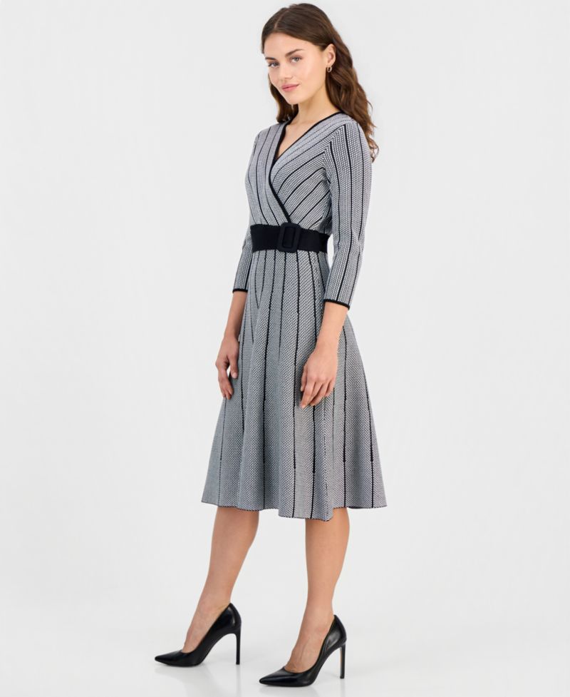 Women's Surplice Jacquard Belted V-Neck 3/4 Sleeve Fit & Flare Midi Dress
