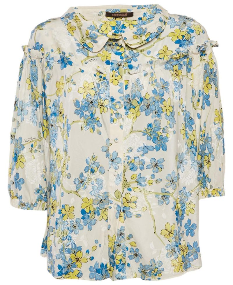 Women's White/blue Floral Print Silk Ruffled Blouse