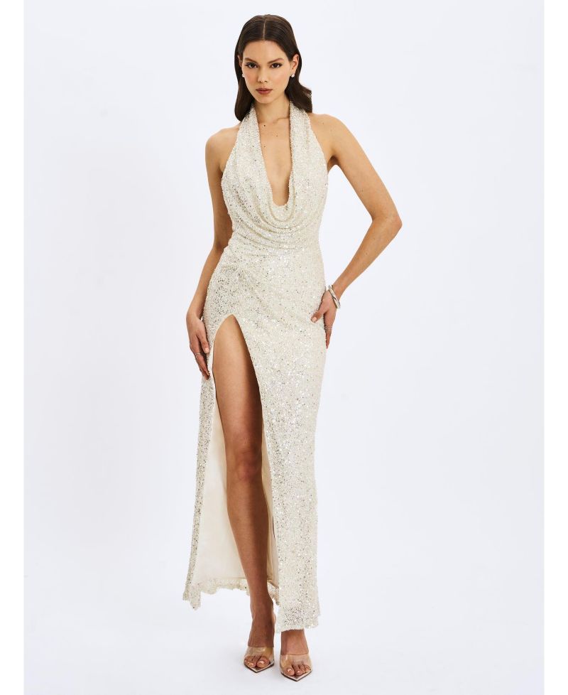 Women's Niamh Golden Beaded Cowl Halter Backless Maxi Dress