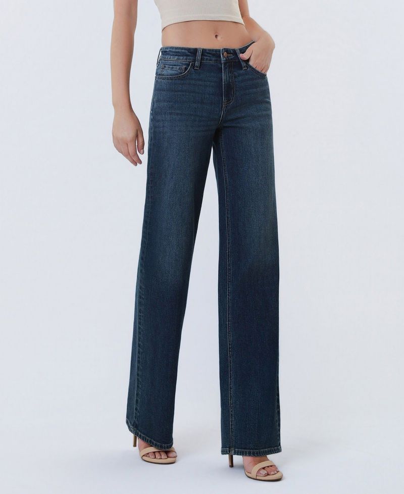 Women's Mid Rise Full Length Wide Leg Jeans