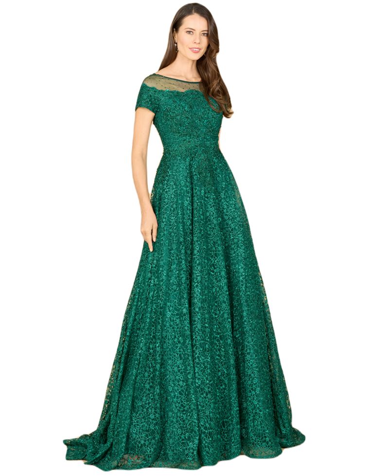 Women's Sheer Boat Neck Ball Gown