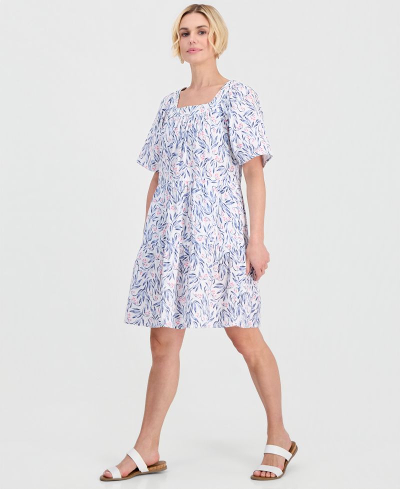 Petite Printed Square-Neck Short-Sleeve Cotton Dress