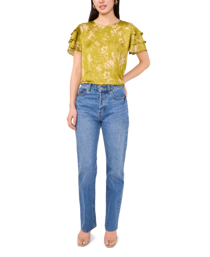 Women's Crew Neck Ruffle-Sleeve Top