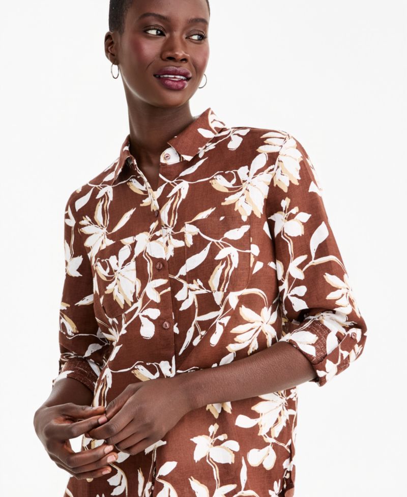 Petite Linen Floral-Print 3/4-Sleeve with Roll Tabs Top