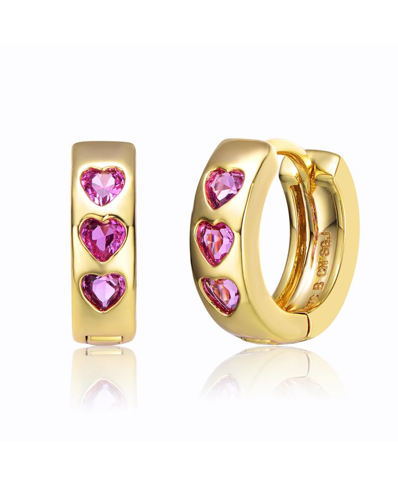 Sparkling 14K Gold Plated Triple Pink Heart Cubic Zirconia Hoop Earrings