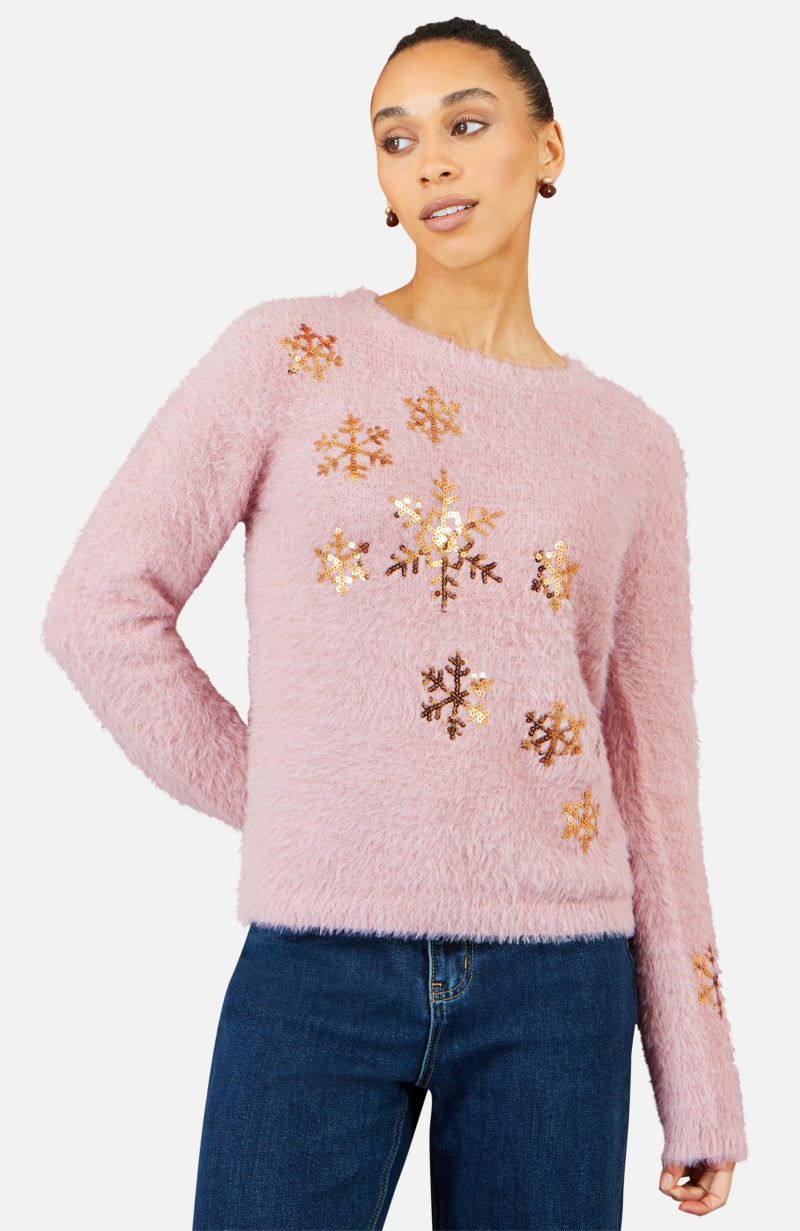 Women's Sequin Snowflake Fluffy Crewneck Sweater