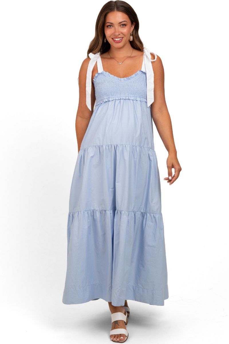 Women's Light Blue Contrast Shoulder Straps Maxi Dress