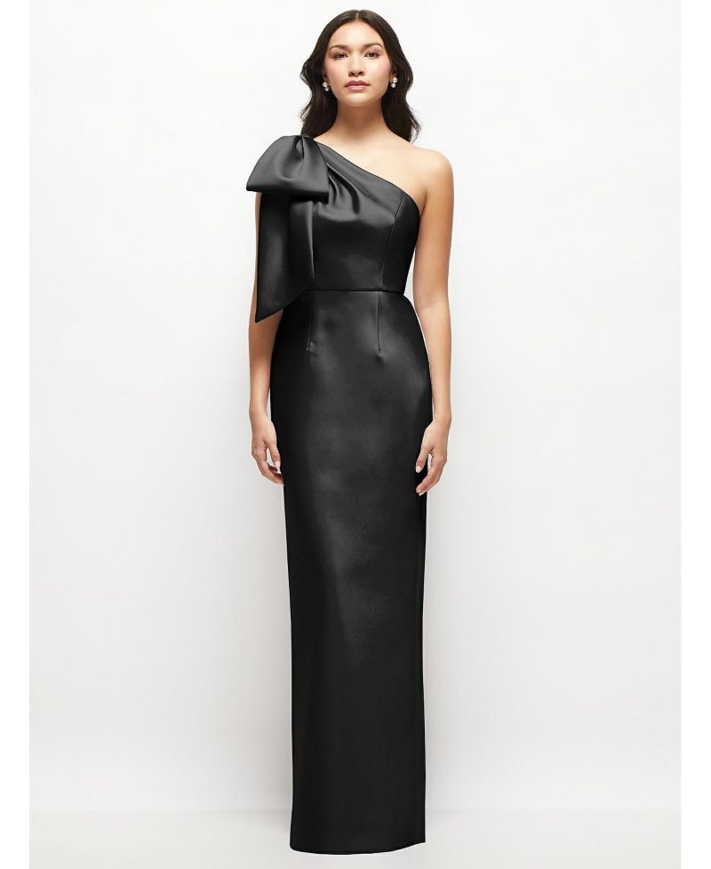 Women's Oversized Bow One-Shoulder Satin Column Maxi Dress