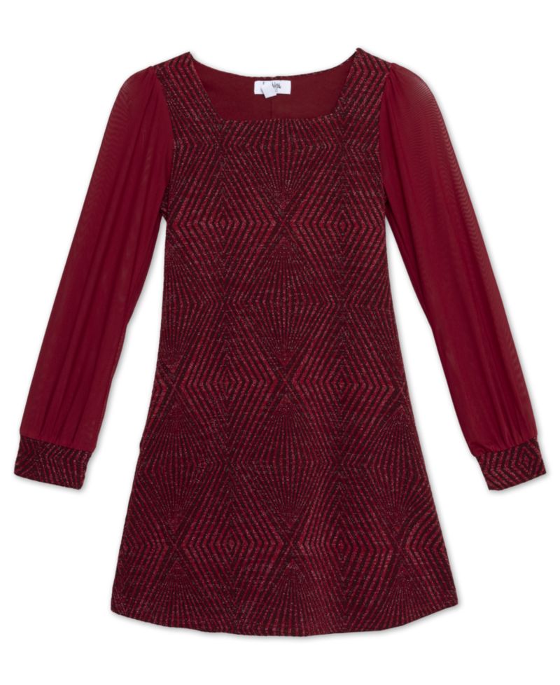 Big Girls Knee Length Square Neck Long Sleeve Dress