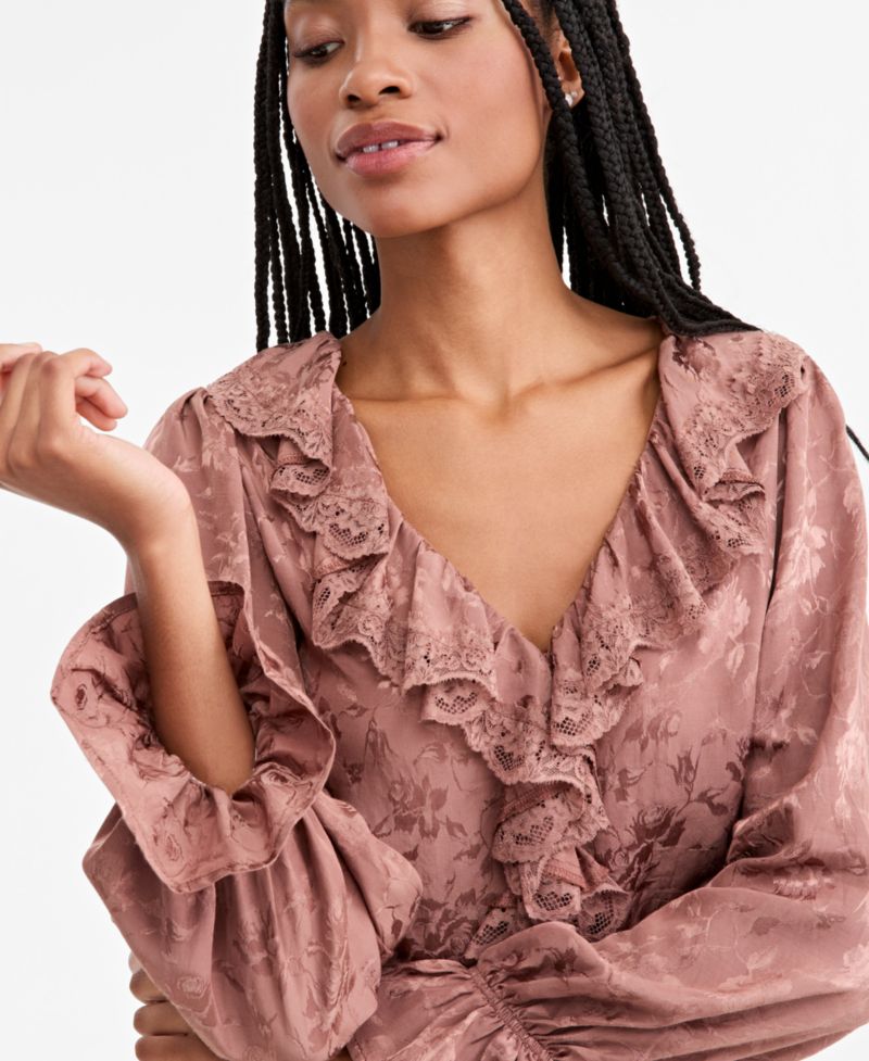 Petite Balloon-Sleeve Ruffle-Jacquard Blouse