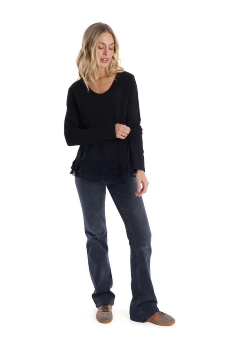 Women's Clothing V-Neck Mixed Media Long Sleeve Tee