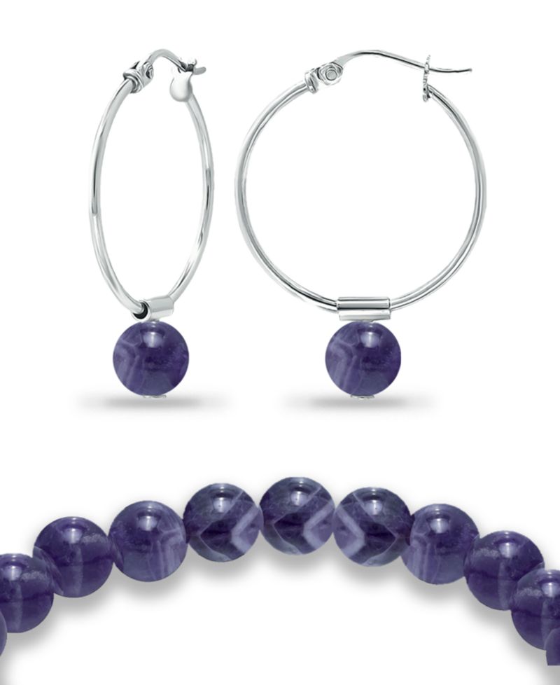 Silver Plated Multi Genuine Stone Bracelet and Earring, 2 Piece Set