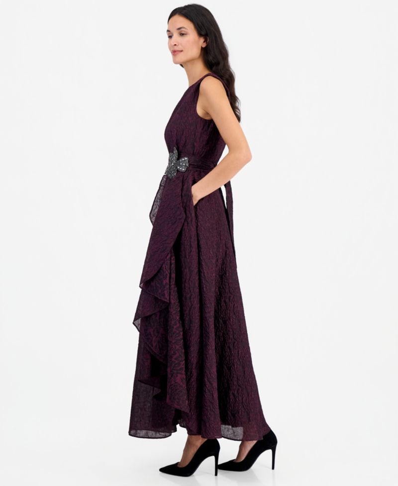 Women's Beaded Crinkle Boat Neck Gown