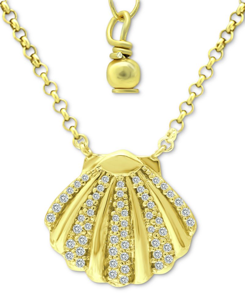 Cubic Zirconia Clam Shell Pendant Necklace in 18k Gold-Plated Sterling Silver, 16" + 2" extender