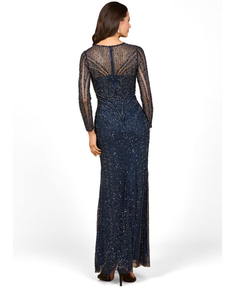 Women's Illusion Neck, Long Sleeve Beaded Gown
