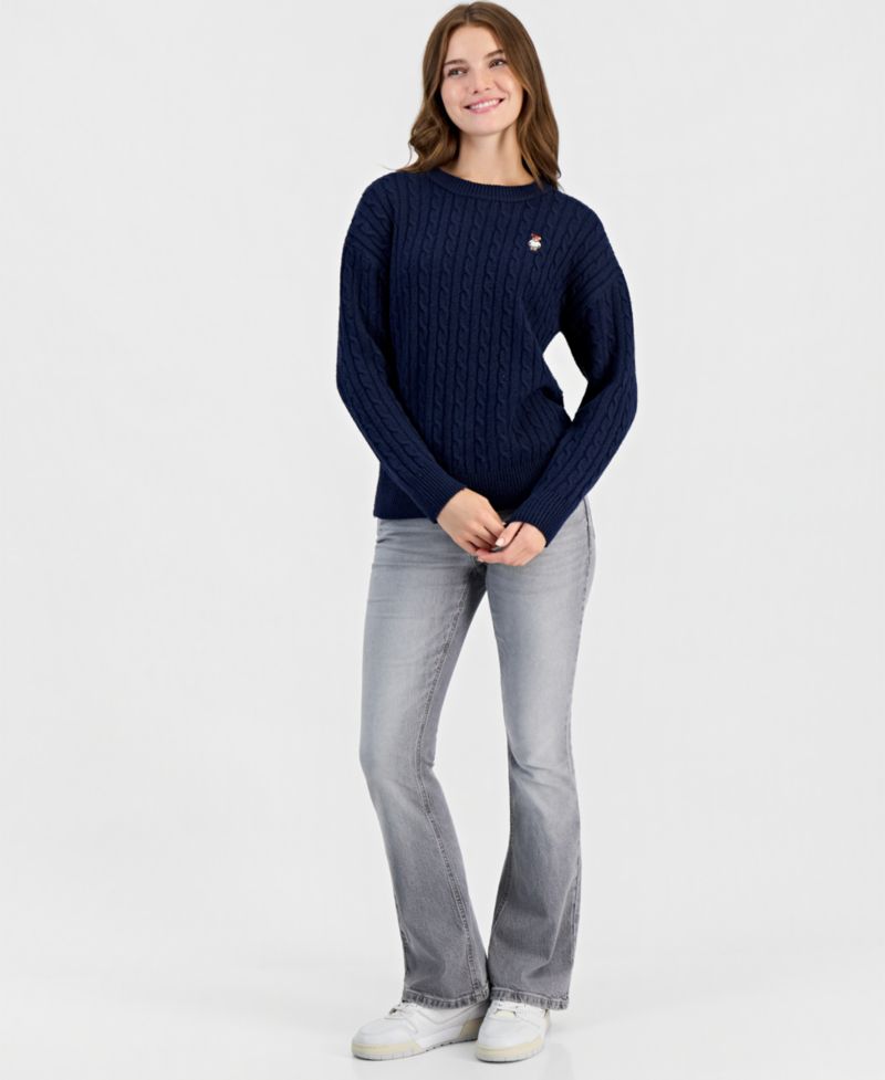 Juniors' Novelty Bear Cable-Knit Long-Sleeve Sweater