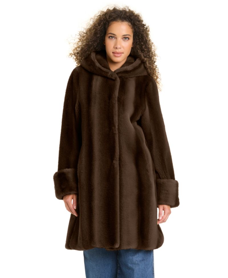 Petite Hooded Faux-Fur Polyester Mid-Length Coat, Created for Macy's
