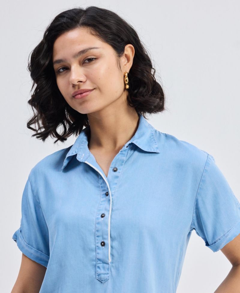 Women's Drawstring Denim Shirt Dress with Front Buttons in Blue