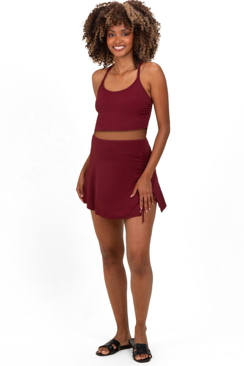 Women's Black Ribbed Crop Tank Swim Skirt Set