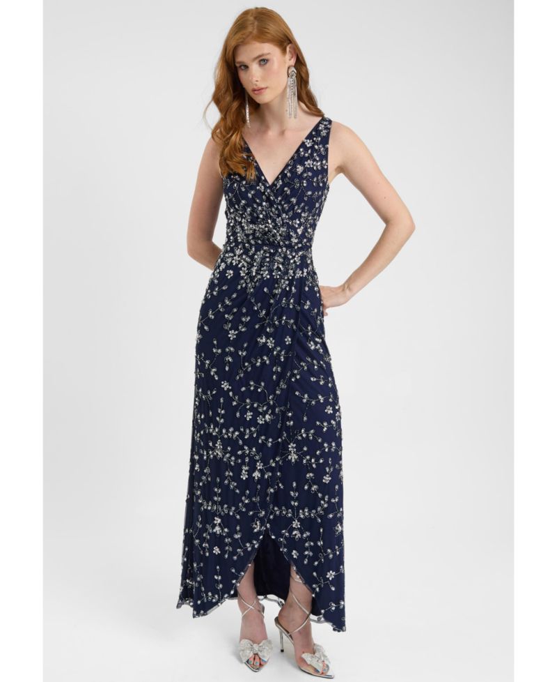 Women's Embellished Sequin Beaded Maxi Dress With Wrap Bottom