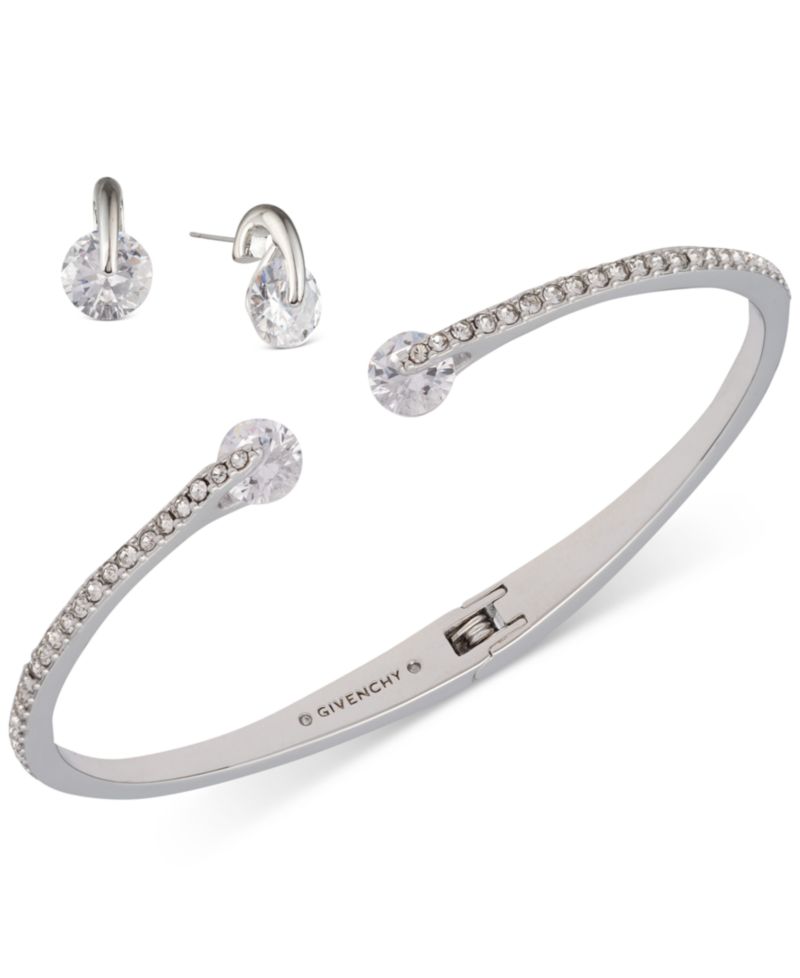 2-Pc. Color Floating Stone Crystal Cuff Bangle Bracelet and Matching Stud Earrings Set