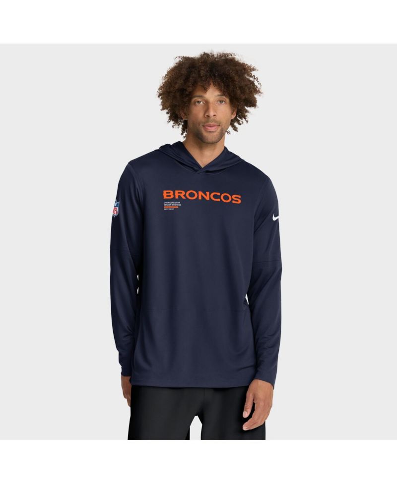 Men's Navy Denver Broncos Sideline Pure Fury Performance Long Sleeve Hoodie T-Shirt
