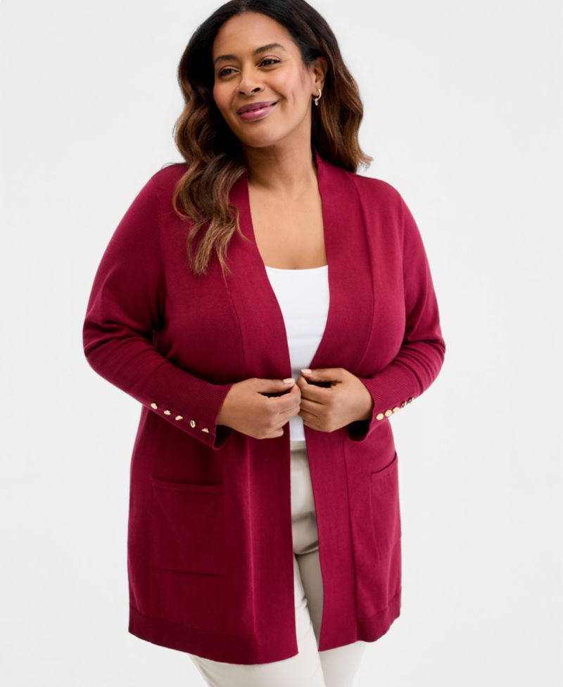 Petite Open-Front Button-Cuff Cardigan Sweater