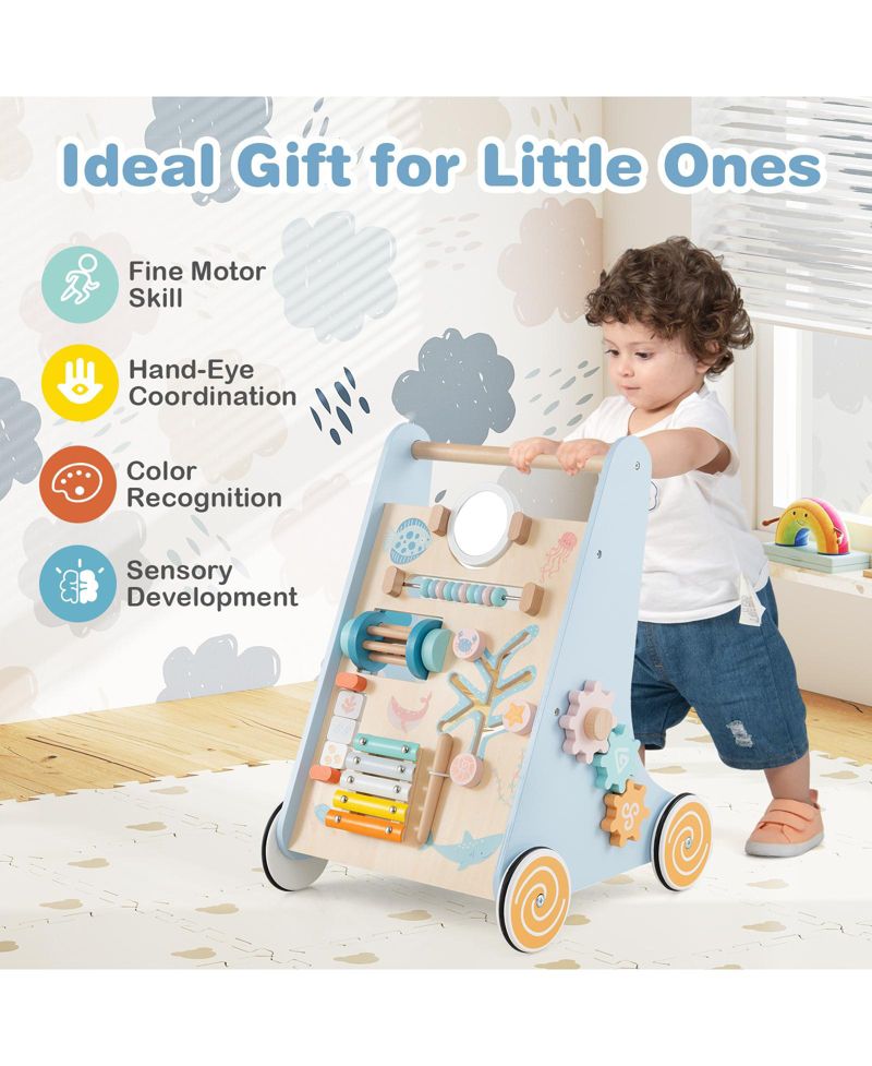 Wooden Baby Walker Sit to Stand Walker w/ Wheels Push and Pull Learning Activity Center