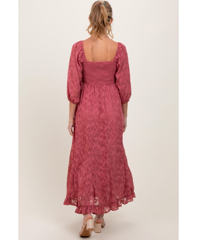 Women's Mauve Textured Overlay Smocked Ruffled Hem Maxi Dress