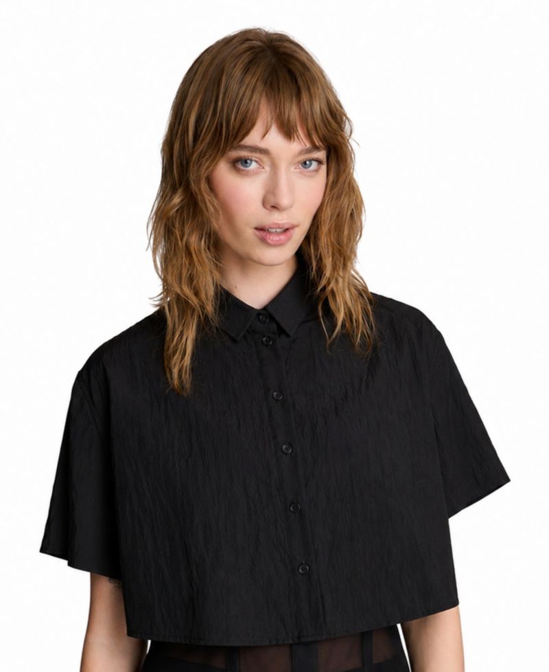 Women's Short Sleeve Cropped Boxy Button-Down Shirt with Corset Underlayer